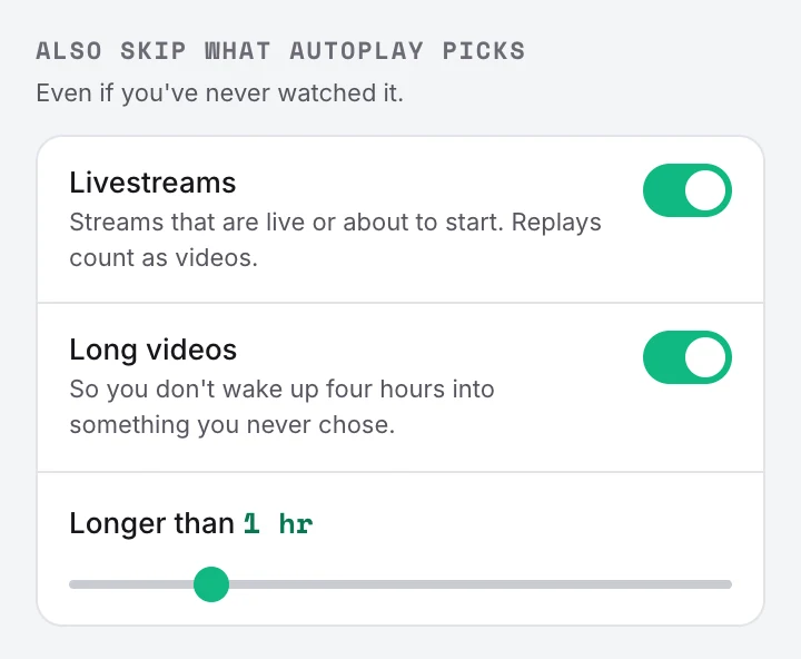 SkipSeen settings: Livestreams and Long videos switched on, with a Longer than 1 hr slider